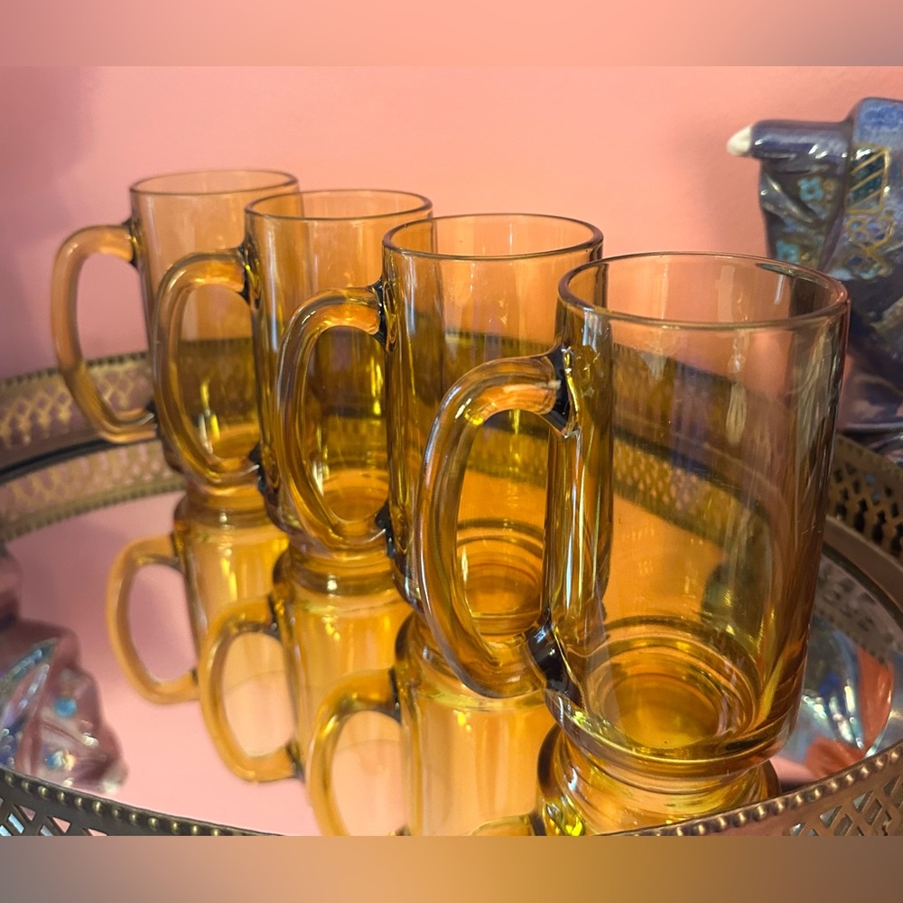 Set of 4 Vintage Hazel Atlas Amber Glass Warm Golden Heavy Glass Beer Mugs